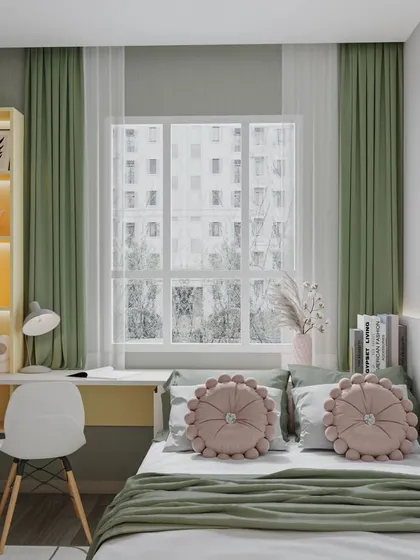 A compact study nook set by the window, with a floating desk and a slim, backlit bookshelf. The sage green and yellow color palette is fresh and calming.