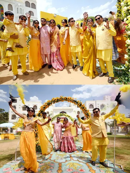 A collage showing the family's enthusiastic participation in the Haldi ceremony, complete with color smoke.