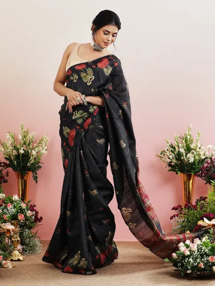 The full view of the black printed saree, a timeless piece for any wardrobe.