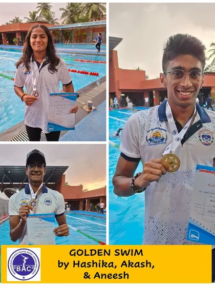 A collage celebrating the golden swims of Hashika, Akash, and Aneesh.
