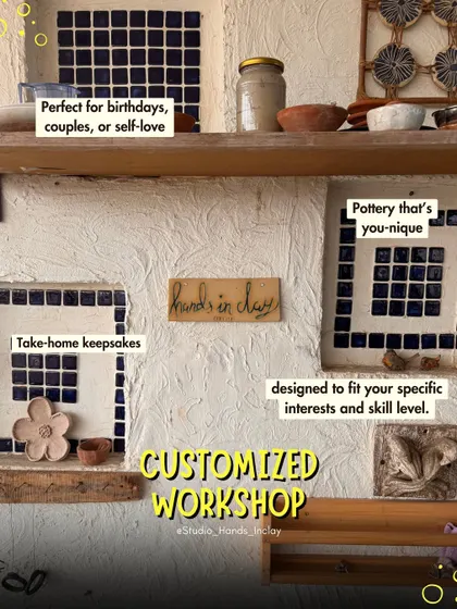 A beautiful shot of the studio's rustic, textured wall with built-in shelves, advertising our customized workshops for any occasion.
