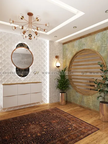 This foyer and partition design creates a graceful transition between the entryway and the dining area. We used a circular wooden rafter design as a visual separator and incorporated textured wallpaper and elegant planters to build a sophisticated ambiance.