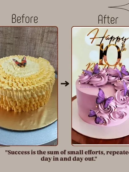 Success is the sum of small efforts, repeated day in and day out. This before-and-after of a butterfly cake shows how practice can transform a simple design into something elegant.