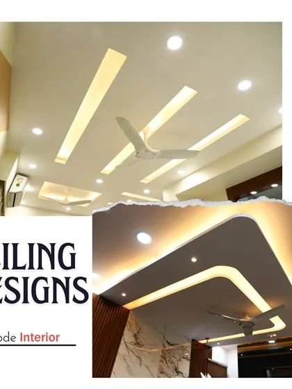 This image collage features two modern ceiling designs, one with clean, linear light strips and another with a curved tray design, both adding a sophisticated touch.