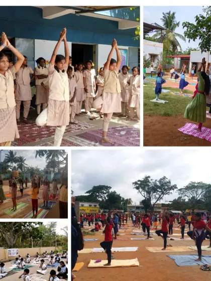 A collage showing students in various yoga poses, from tree pose to group sessions. Our partners across the country celebrated International Yoga Day, highlighting the importance of holistic well-being.