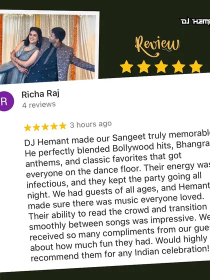 Thank you, Richa, for this fantastic review. I loved playing for your friends and family from the USA, blending Bollywood hits, Bhangra anthems, and classic favorites to keep the party going all night.