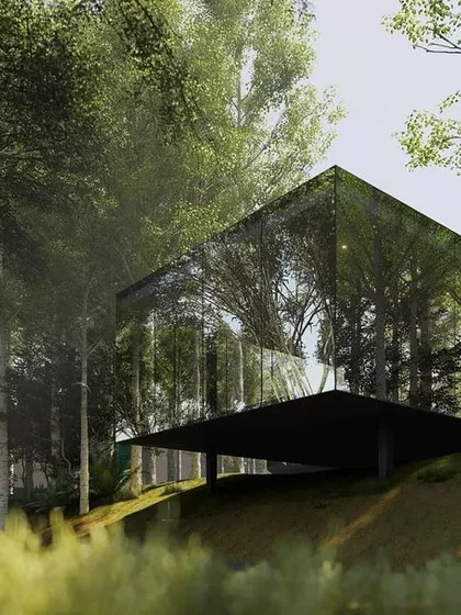 This rendering of "The Minarets," our urban oasis concept, shows a building with a mirrored facade that completely reflects the surrounding forest. The architecture becomes almost invisible, allowing the landscape to be the dominant experience.