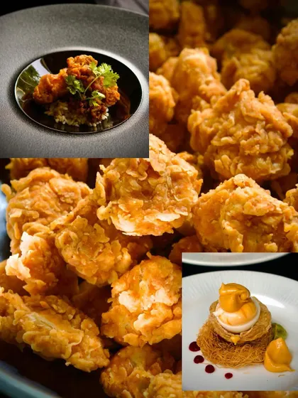 A collage highlighting some of my favorite creations from the Bangalore Nostalgia menu, including Chicken Kabab Karaage style and a dessert inspired by Sweet Chariot bakery.