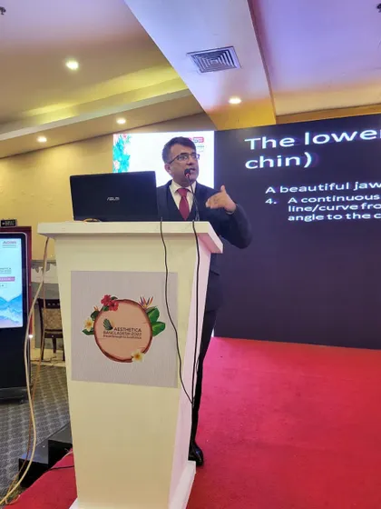 Lecturing on the principles of lower face and chin aesthetics with fillers at the Aesthetica Bangladesh conference.