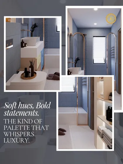 Soft hues, bold statements. This bathroom collage demonstrates a palette that whispers luxury, using muted blue tiles, gold accents, and clean lines to create a space that is both calm and opulent.