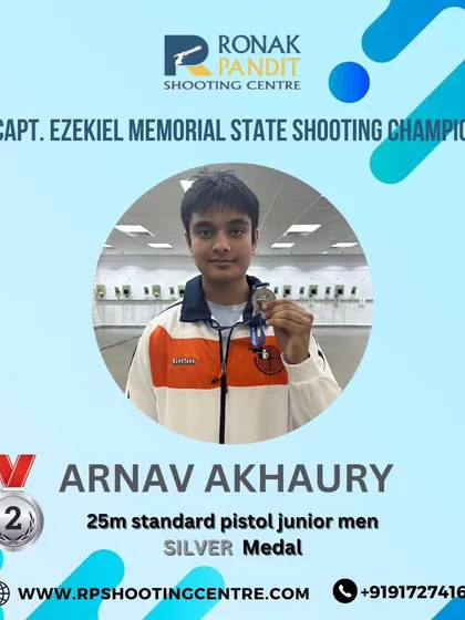 Congratulations to Arnav Akhaury for his Silver Medal in the 25m standard pistol junior men event at the 26th Capt. Ezekiel Memorial State Shooting Championship.