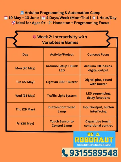 Week 2 of our Arduino Programming Camp focuses on interactivity. Students will learn to light up LEDs, create sound with buzzers, and build a button-controlled lamp.