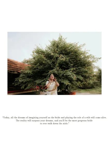 A beautiful portrait of the bride under a large tree, with a heartfelt quote.