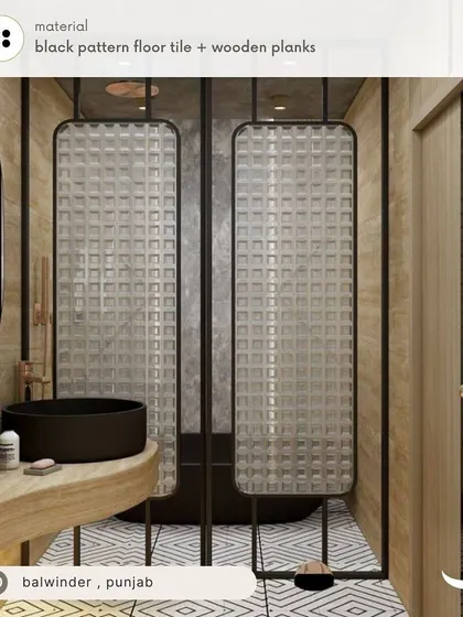 Another view of Balwinder's bathroom, showing the unique patterned glass shower partition and the custom curved vanity.