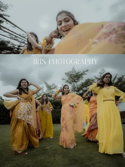 A collage from an outdoor Haldi party. It shows the bride and her friends dancing and having fun, capturing the energy and bright yellow theme of the day.