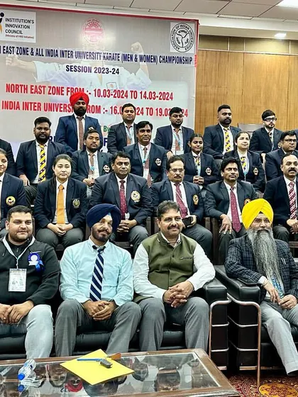 A group photo of the organizing committee, referees, and judges at the All India University Karate Event. I am proud to contribute as a technical official.
