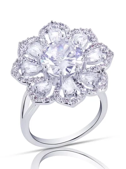 An angled view of the flower-shaped diamond ring, showing the band and setting.