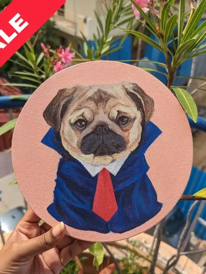 A dapper pug dressed as Dracula, painted on a 6-inch round canvas. This is a fun and quirky piece from my pet portrait collection.