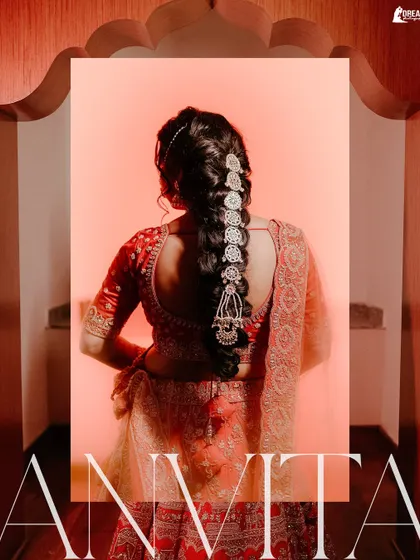 A stylish graphic of bride Anvita's back profile, highlighting her intricate hair accessory.