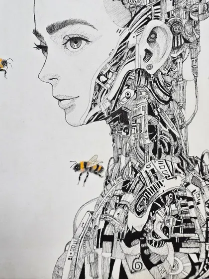 The finished piece. This stunningly detailed micron pen drawing combines a human portrait with mechanical elements, creating a thought-provoking piece of biomechanical art.