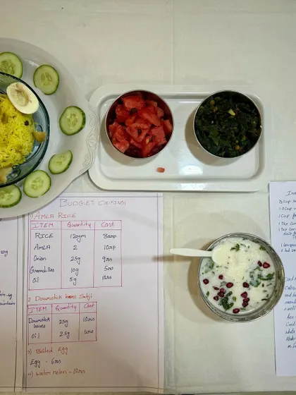 An overview of the healthy and cost-effective meals prepared by our nutrition students. This practical demonstrates how to create balanced diets, like amla rice and drumstick leaves sabji, on a limited budget.