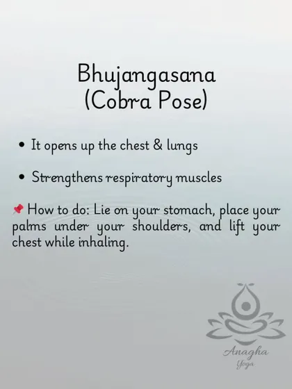 Bhujangasana (Cobra Pose) helps asthma sufferers by opening up the chest and lungs and strengthening the respiratory muscles.