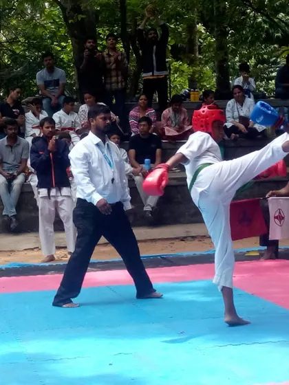 Action from a local Kyokushin tournament. I often serve as a referee, ensuring fights are conducted with respect and adherence to the rules of full-contact karate.
