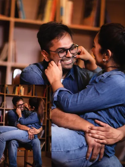 Capturing the pure, uninhibited laughter between a couple is what I love most. This collage shows their playful and affectionate bond during their indoor pre-wedding shoot.