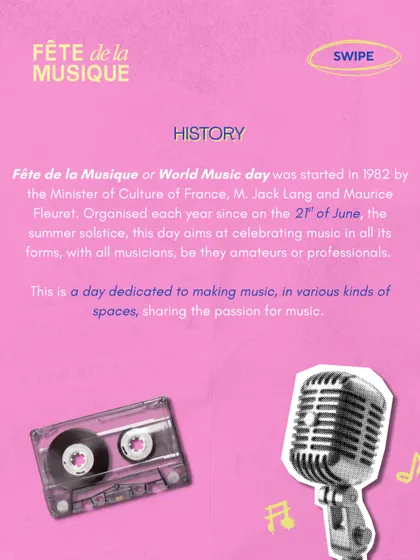 An infographic detailing the history of Fête de la Musique, which started in France in 1982. We provide cultural context to enrich our community's experience.