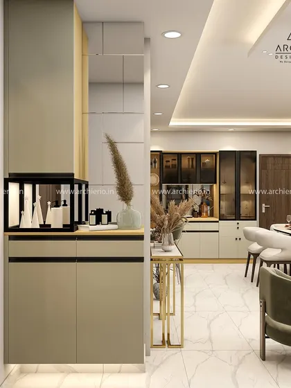 This custom crockery and bar unit provides ample storage while serving as a stylish entryway feature. The lit display cabinet is perfect for showcasing fine glassware and decor.