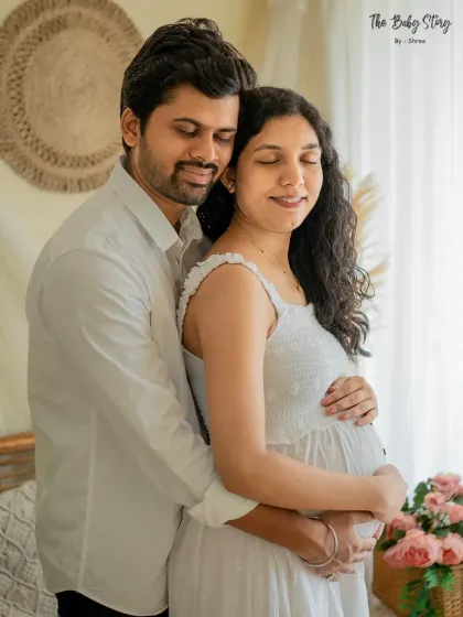 An intimate close-up of the couple in the boho setting. This pose, with eyes closed and a gentle embrace, captures a quiet moment of connection and love.