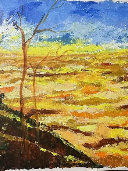 A textured painting of a sunrise view from Nandi Hills. I used a palette knife to apply the paint, giving the landscape a thick, impressionistic feel.