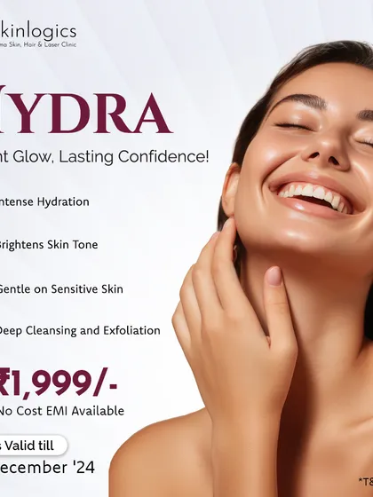 Get an instant glow and lasting confidence with our Hydra facial. This graphic details its benefits, including intense hydration and deep cleansing, making it perfect even for sensitive skin.