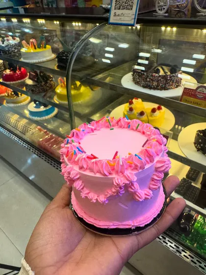 A cute pink mini cake with colorful sprinkles. Held in my hand, you can see just how small and adorable these tiny bundles of happiness are.