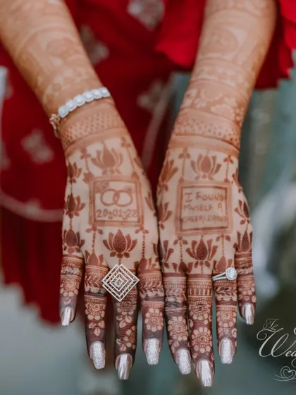 This Mehendi design incorporates the couple's wedding date and a personal quote, a small detail that tells a big story.