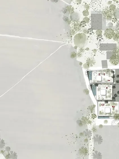 The site plan for "Pavilions in the Fields" shows the three homes placed carefully within the vast landscape of paddy fields and trees. This drawing illustrates our core concept of placing architectural pavilions within an infinite natural setting.
