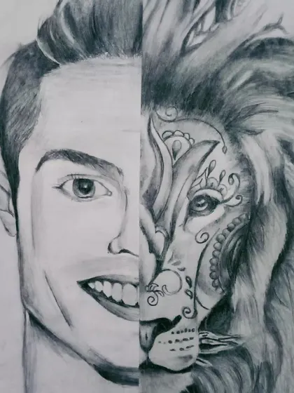 A conceptual mashup portrait combining the face of Cristiano Ronaldo with the face of a lion. This drawing symbolizes his strength, leadership, and king-like status in the world of football.