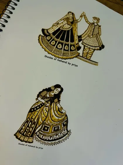 Practice sketches of bridal figures, including a dancing couple and a bride. I draw these figures many times to perfect their form and details.
