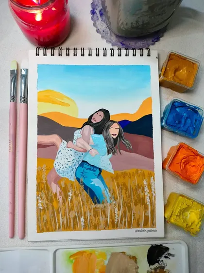 A gouache painting of two friends, inspired by a picture I found on Pinterest. This piece is all about celebrating friendship.