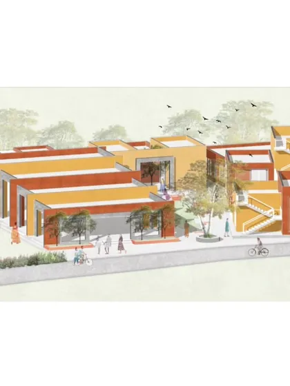 A conceptual illustration for the Adarsh Gram project, which was shortlisted for the World Architecture Festival. The design reimagines a rural settlement with clustered housing, public squares, and pedestrian-friendly pathways.