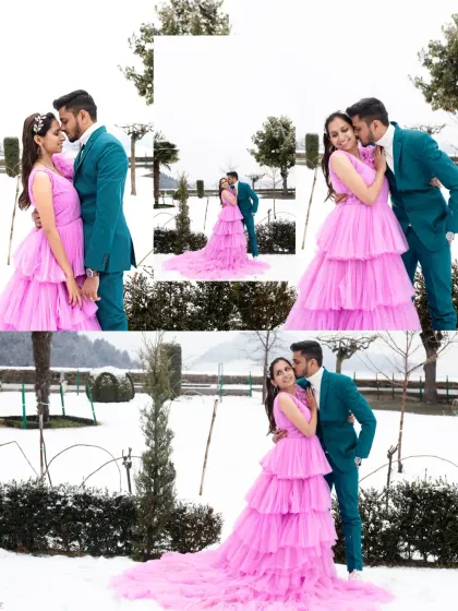 A collage of romantic moments from Nikul and Sejal's snowy pre-wedding shoot. The images capture their affectionate interactions, from forehead kisses to warm embraces, in a winter wonderland.