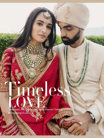 A beautiful, magazine-style portrait of Nikita and Rishabh, captioned "Timeless Love." This image perfectly encapsulates my editorial and romantic approach.