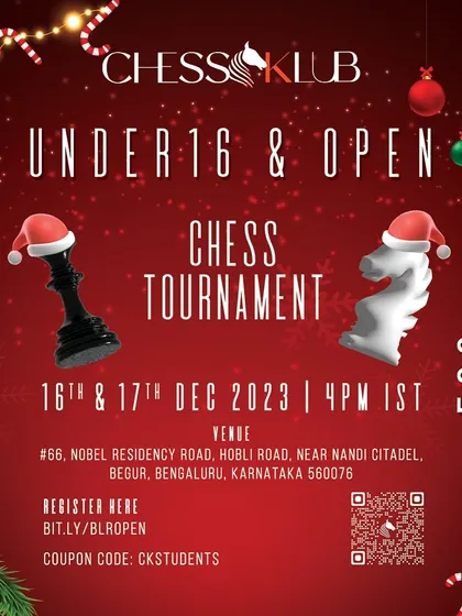 Our festive poster for the Under 16 and Open Chess Tournament during the Christmas season. We keep our event calendar packed with exciting competitions year round.