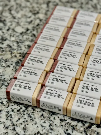 All wrapped up and ready to go! These custom-sized soaps are perfect for wedding favors, corporate gifts, or any special occasion.