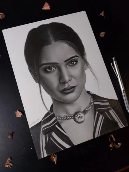 This is a pencil sketch of actress Samantha Ruth Prabhu that I did for practice. It took about 18 hours to get the likeness and the intense expression right on Brustro ultra-smooth paper.