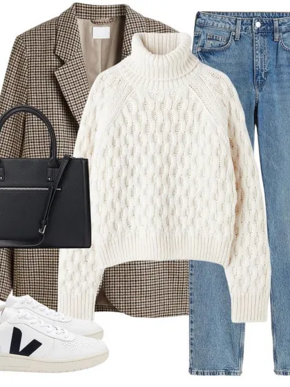 A perfect winter outfit formula: a cozy cable-knit sweater, a classic checked blazer, and comfortable jeans. This look is all about layering textures to create a warm and stylish ensemble.