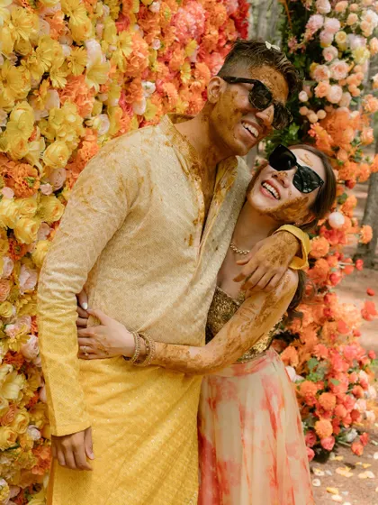 Haldi, but make it chic. I believe the most beautiful moments are often the most unscripted ones. The genuine laughter and playful messiness here tell a story of friendship, joy, and a love that isn't afraid to be real.