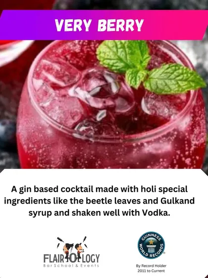 A 'Very Berry' Holi special cocktail. This gin-based drink uses unique Indian ingredients like beetle leaves and Gulkand syrup for a festive twist.