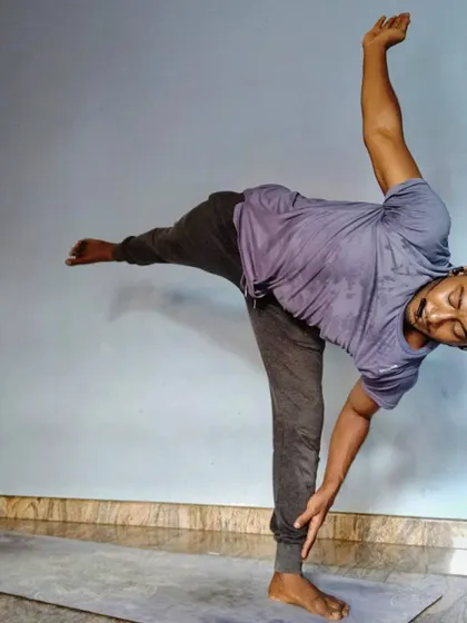 Ardha Chandrasana (Half Moon Pose). A practice in balance and expansion, reminding me of the Sanskrit saying, "Tat Tvam Asi," meaning "You are what you perceive."