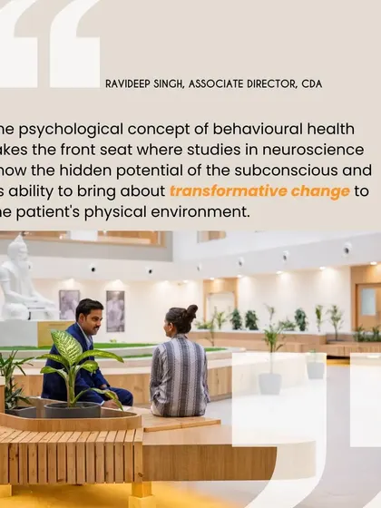 As our Associate Director explained to the Hindustan Times, incorporating biophilic design is essential for well-being. This image illustrates how natural settings within a healthcare facility can bring transformative change to a patient's physical environment.